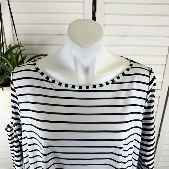 IC‎ by Connie K Black White Stripe Cold Shoulder Blouse Top Lagenlook Size L - Picture 2 of 9